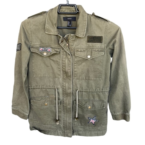 Forever 21 Jacket Women Small Green Military Inspired Full Zip Patriotic Utility - Picture 1 of 9